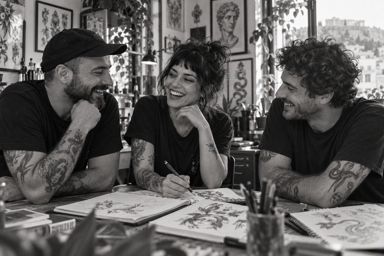 Illustrative concept photo of three tattoo artists laughing around a drawing table